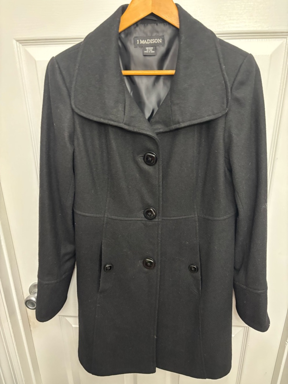 1 Madison Women's Black Classic Single-Breasted Wool-Blend Pea Coat, Sz M